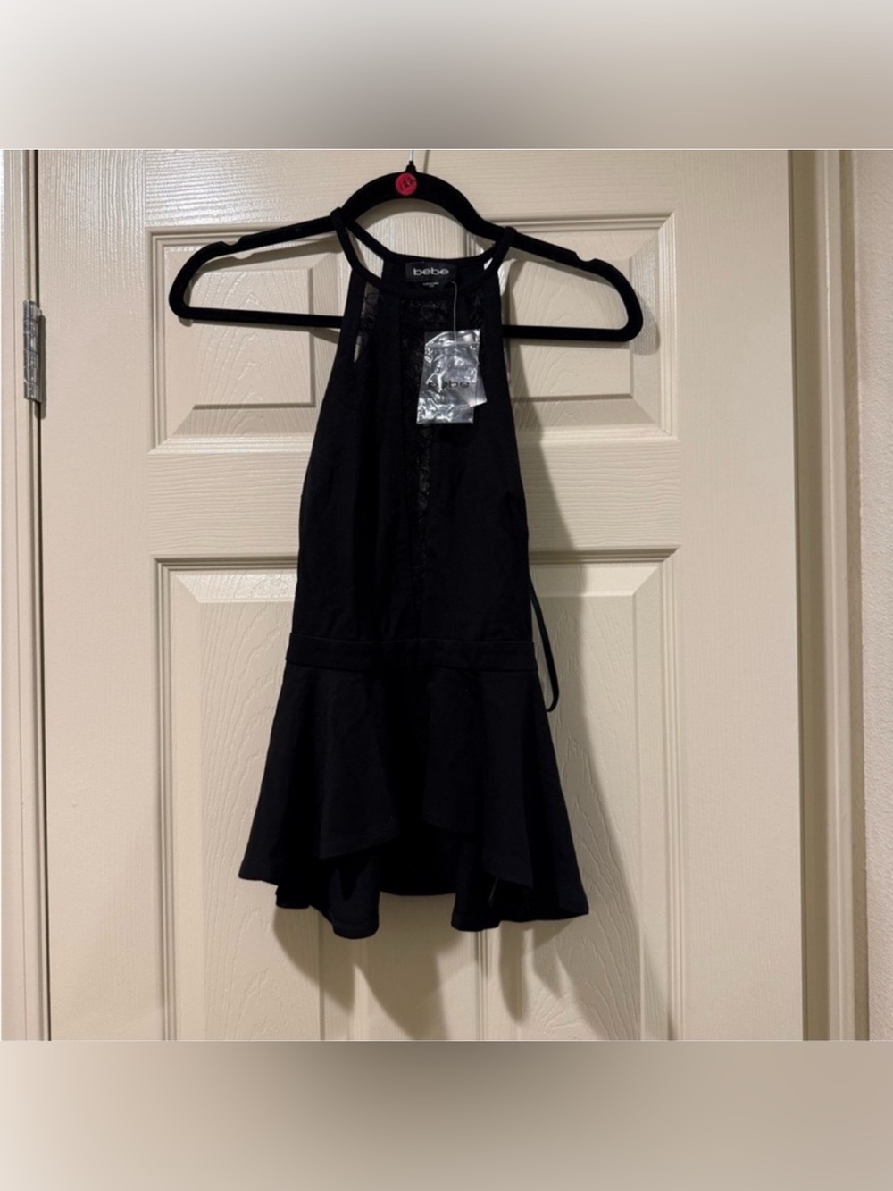 NWT Bebe Black Halter Top Lace Detail Flared Hem XXS